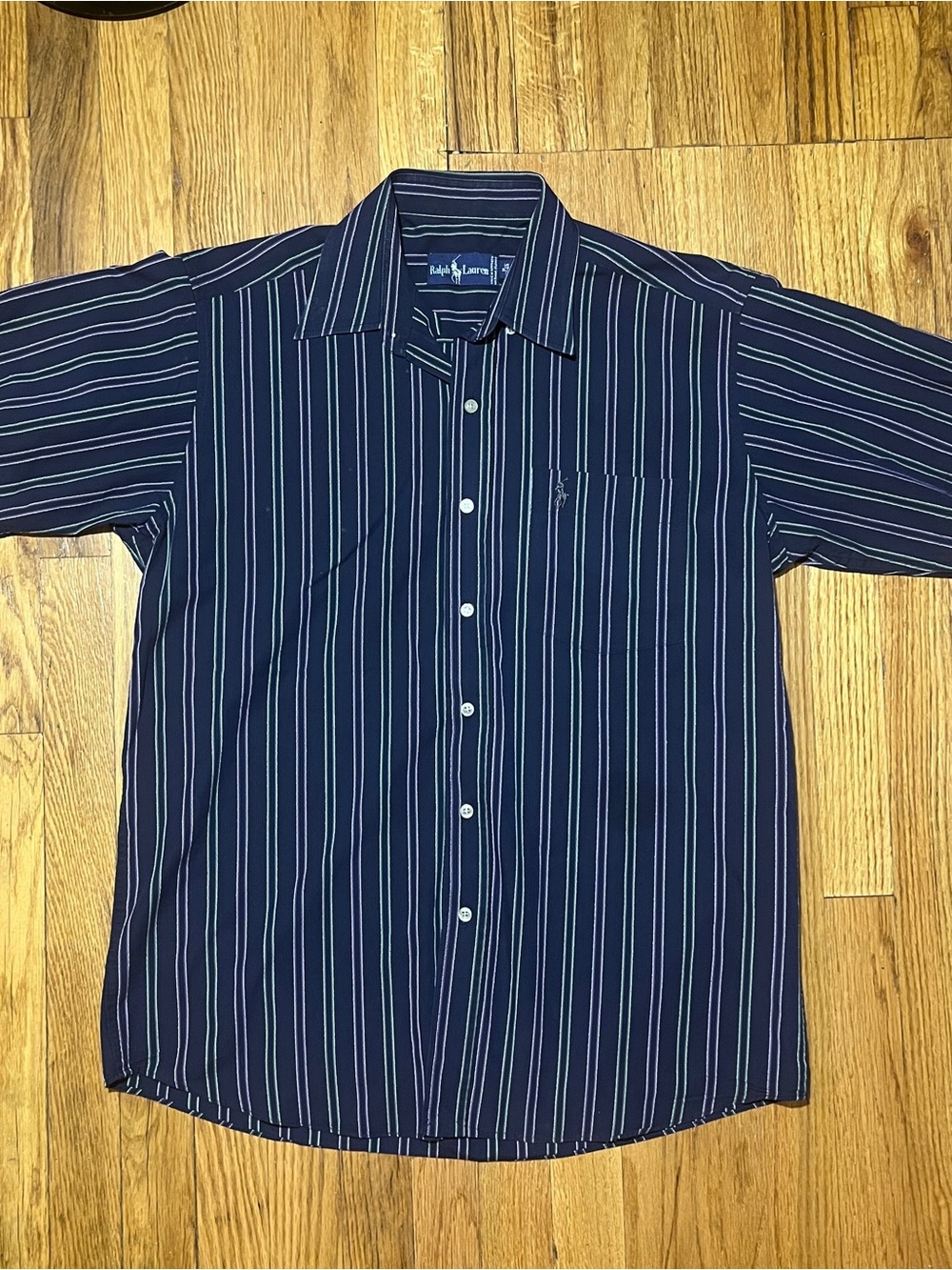 1990’s Vintage Ralph Lauren M Blue Pin Striped SS Button-Up Point Collar Shirt